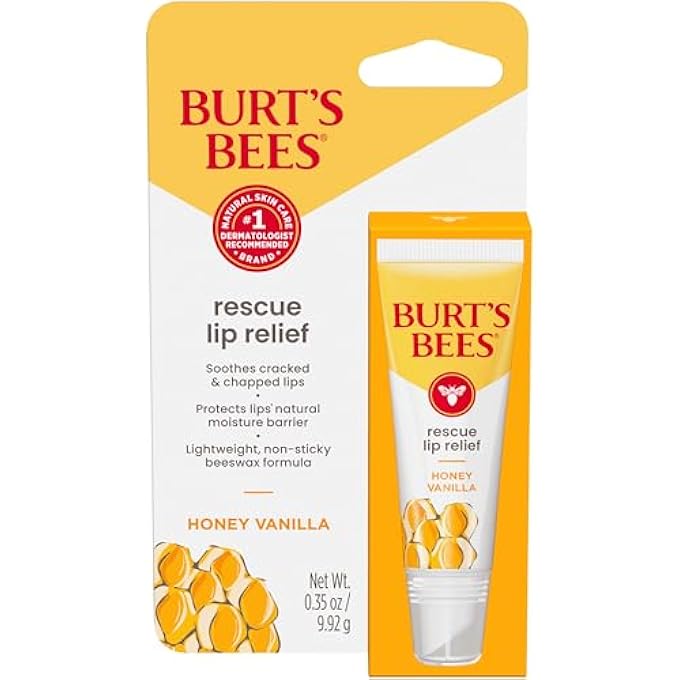 Burt's Bees STOCKING STUFFERS, RESCUE LIP RELIEF, HONEY VANILLA, HYDRATING LIP BALM FOR DRY CRACKED LIPS, WITH RESPONSBILY SOURCED BEESWAX AND SHEA BUTTER, 100% NATURAL ORIGIN, 1 SQUEEZY TUBE, 0.35OZ - Image 1